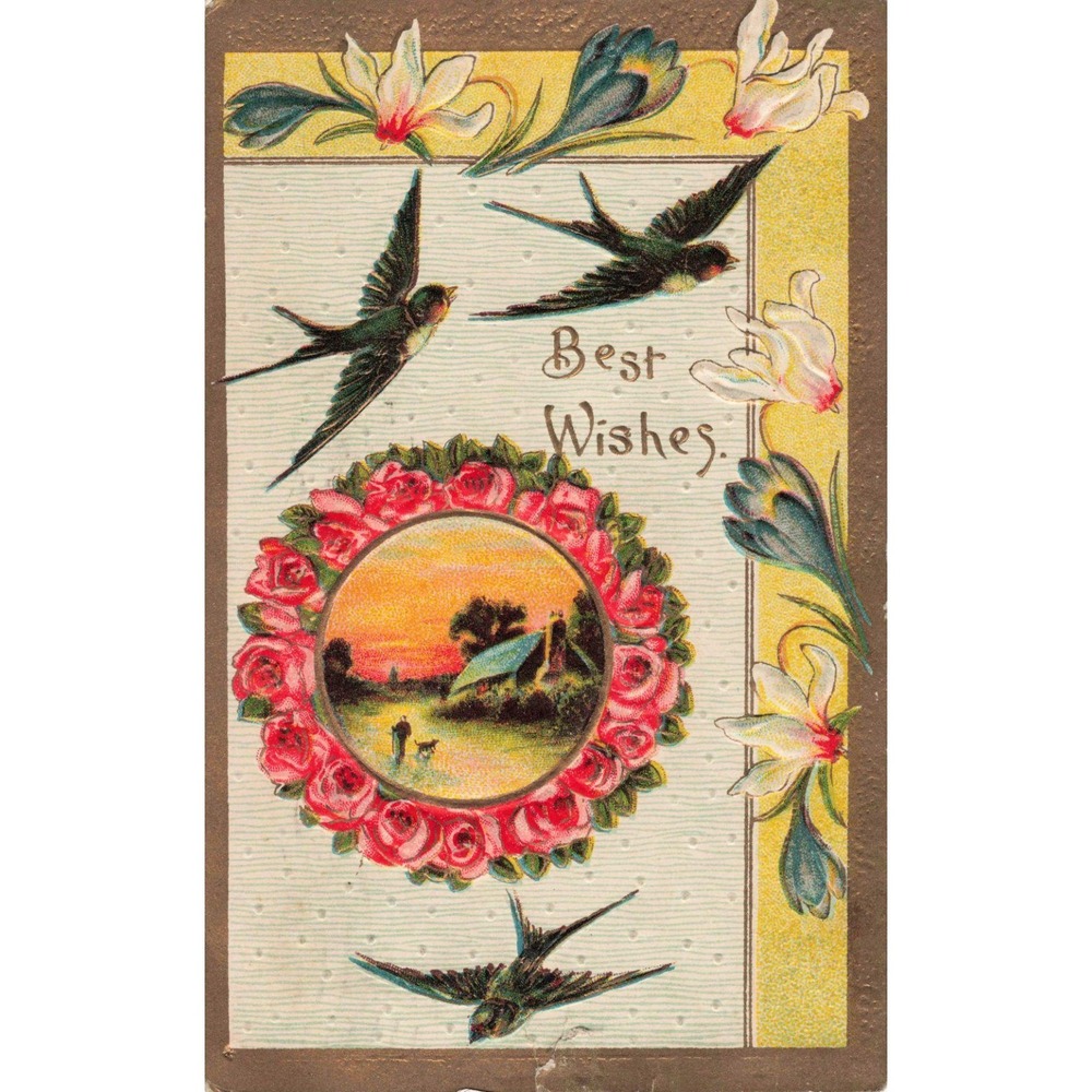 Antique Embossed Postcard Best Wishes Swallows Birds Roses Cottage Sunset 1913